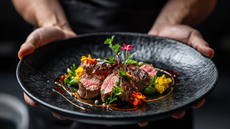 A black plate held by a cook with juicy veal medallions, vibrant greens, and artful sauce strokes, topped with a small flower on a dark backdrop.の素材