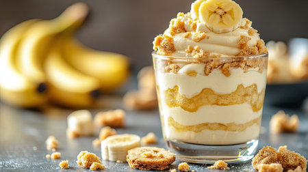 A layered banana pudding dessert in a glass cup, featuring creamy layers, banana slices, and crumbled cookies, with copy space.の素材