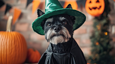 Close-up of a cheerful black terrier in a witch costume, featuring a green hat and black robe, enjoying the Halloween festivities with spooky decorations in the background.の素材