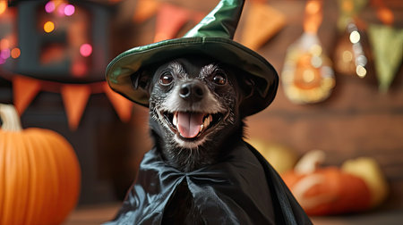 A smiling black terrier wearing a witch costume with a flowing black robe and a tall green hat, sitting joyfully at a Halloween party with festive decorations all around.の素材