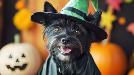 Close-up of a cheerful black terrier in a witch costume, featuring a green hat and black robe, enjoying the Halloween festivities with spooky decorations in the background.の素材