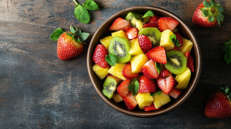 Bowl of fresh fruit salad featuring strawberries, kiwi slices, and pineapple chunks, placed on a rustic wooden table with a natural, vibrant look.の素材