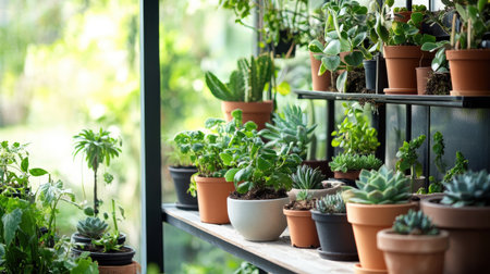 A stylish indoor garden with a wide array of potted plants, from succulents to leafy greens, in a well-lit room. A focus on flower care and household farming in a modern space.の素材