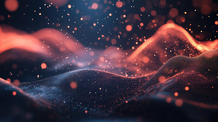 Futuristic 3D rendering of abstract shapes and digital particles in motion, creating a dynamic tech background.の素材