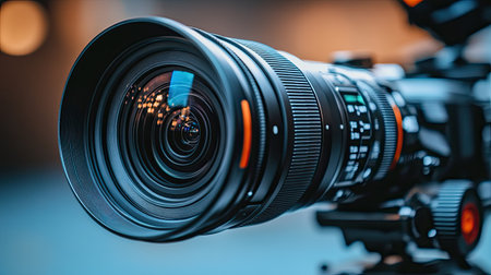 Close-up of a professional video camera lens on set, with lighting fixtures and crew working behind the scenes, capturing the art of filmmaking. --chaos 70の素材
