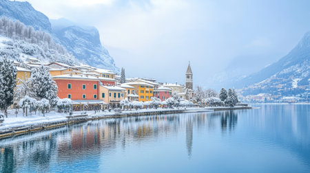 Riva del Garda town blanketed by snow, the tranquil waters of Garda Lake reflecting the surrounding mountains on a peaceful winter day.の素材