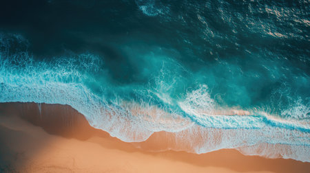 Stunning aerial shot of the Vietnam coastline, with gentle ocean waves washing onto the sandy shore, ideal for a tropical vacation background.の素材