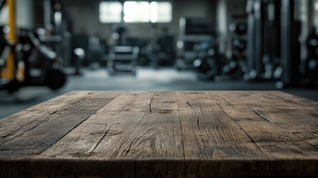 A rough wooden table with faded edges in sharp focus, with blurred workout machines and weights in a modern gym as the backdrop, ideal for product placementの素材