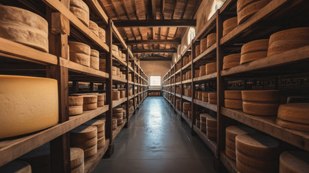 Inside a traditional cheese factory in Parma, rows of Parmigiano Reggiano cheese wheels age gracefully on wooden shelves. A quiet, artisanal atmosphere prevails.の素材
