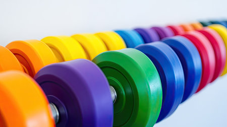 A row of colorful rubber-coated dumbbells on a rack, arranged by increasing weight, set against a white background to highlight the vibrant colorsの素材