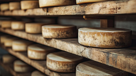 Parmigiano cheese wheels aging on rustic wooden shelves in a traditional factory in Parma, Italy. The detailed texture of each wheel shows the craftsmanship behind production.の素材