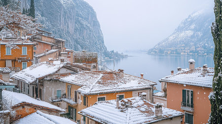 Snow-dusted rooftops of Riva del Garda on a wintry day, with a view of Garda Lake reflecting the mountains, creating a peaceful winter scene in Trentino Alto Adige.の素材