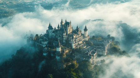 A breathtaking aerial view of an enchanted castle enveloped in mist and surrounded by lush greenery, creating a mystical and serene atmosphere.の素材