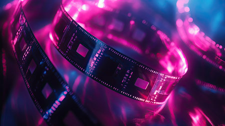A vibrant film reel glows with colorful neon lights, creating an artistic and dynamic atmosphere. Perfect for media, technology, and creative themes.の素材