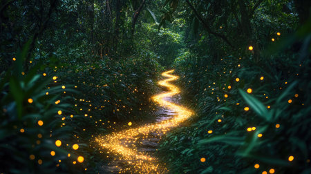 Discover a stunning forest path illuminated by sparkling lights, creating a magical atmosphere among lush greenery and trees, perfect for a serene adventure.の素材
