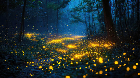 A tranquil forest scene illuminated by glowing fireflies at dusk. The enchanting lights create a magical atmosphere, inviting exploration and wonder.の素材