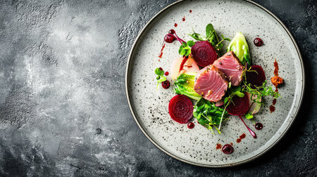 A beautifully arranged gourmet tuna dish featuring fresh vegetables, vibrant colors, and artistic presentation, perfect for culinary enthusiasts.の素材