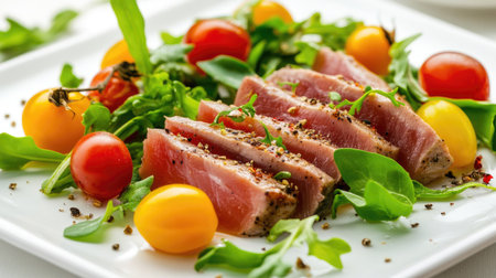 A beautifully plated fresh tuna dish featuring sliced tuna, colorful cherry tomatoes, and vibrant greens, perfect for a healthy dining experience.の素材