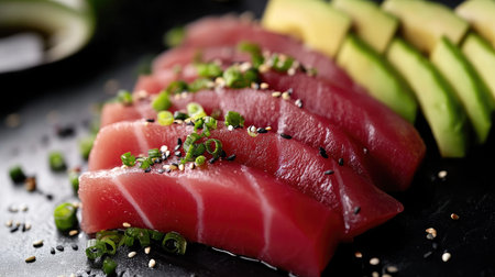 A close-up of freshly sliced sushi with vibrant colors, featuring succulent fish and creamy avocado. Perfect for food lovers and culinary enthusiasts.の素材