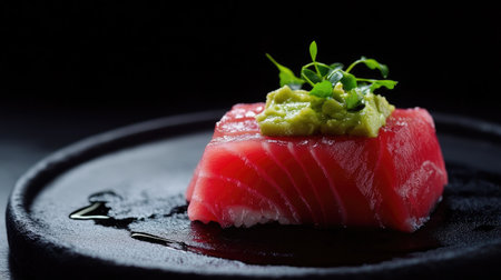 A vibrant slice of fresh sushi topped with wasabi and microgreens served on a sleek black plate, showcasing elegance and culinary art.の素材