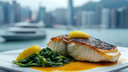 A beautifully grilled fish served with a lemon slice and fresh greens, showcasing a vibrant culinary presentation against a scenic waterfront backdrop.の素材