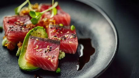Enjoy a beautifully presented plate of fresh sushi slices, featuring vibrant fish, delicate garnishes, and a pleasing arrangement, perfect for culinary enthusiasts.の素材