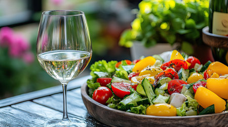 A beautiful arrangement of a fresh salad with colorful vegetables alongside a glass of white wine, set on a wooden table in a sunlit environment.の素材