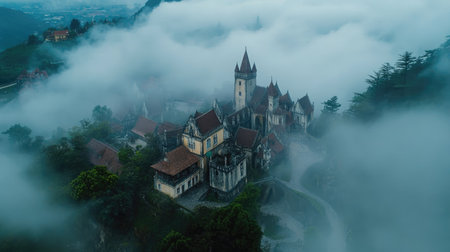 A stunning aerial view of a mystical castle enveloped in fog at dusk, capturing a serene and mysterious atmosphere amidst the mountains.の素材