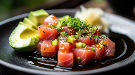 A visually appealing plate of fresh sashimi with avocado and garnishes. Perfect for showcasing gourmet seafood dishes in culinary settings.の素材
