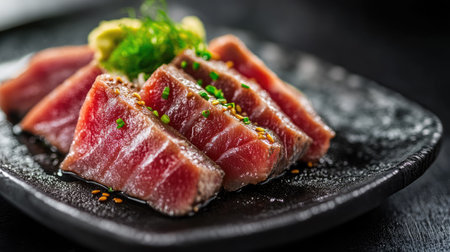 Experience the vibrant and fresh presentation of tuna slices, beautifully garnished and served on a black plate, perfect for culinary enthusiasts.の素材