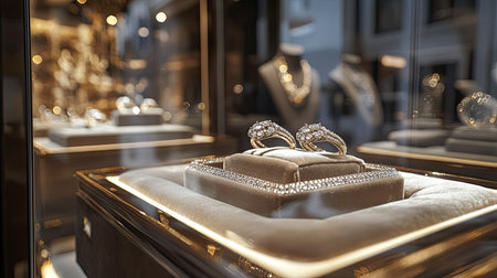 Luxury store window with diamond rings on display, resting on velvet pads with soft, ambient lighting to create an upscale shopping experience.の素材