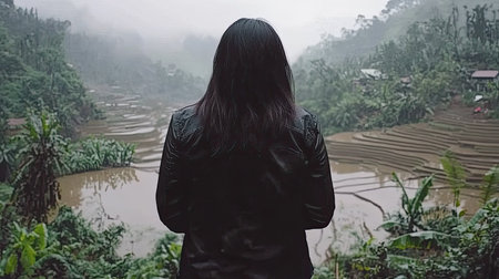 A serene moment of an Asian woman in traditional Vietnamese attire, standing at the edge of the Mu Cang Chai rice terraces at dusk. --chaos 70の素材