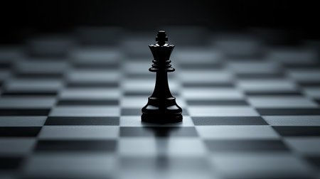 A chess king piece leading the charge on the board, representing leadership and strategic business planning. The layout offers open space for text or business messaging.の素材