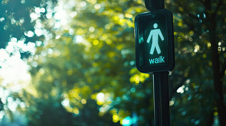 A green "walk" signal illuminated on a pedestrian light, with green trees and foliage gently blurred in the background under clear skiesの素材