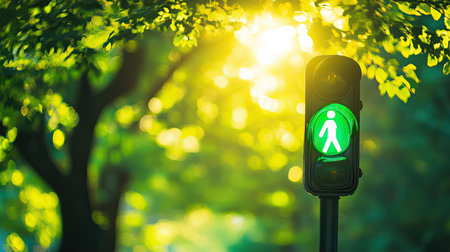 A green pedestrian signal lit, standing out against a blurred background of bright green foliage, suggesting movement through a natural, sun-filled spaceの素材