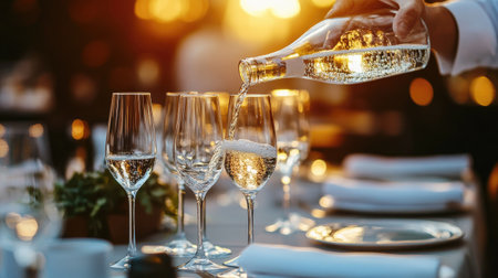 A stunning scene capturing a hand pouring sparkling wine into elegant glasses during a sunset gathering, creating an inviting and festive atmosphere.の素材