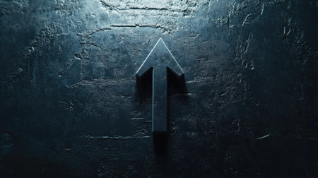 A single bold 3D arrow pointing upward, illustrating positive momentum in business and profit gains. Clean layout with open space for text or logos.の素材