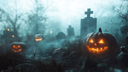 Glowing Halloween pumpkins in a foggy graveyard, casting eerie light through the mist, perfect for a spooky holiday horror background.の素材