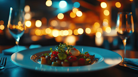 An exquisite plate of fine dining cuisine served in a chic restaurant setting, with blurred, warm bokeh lights in the background enhancing the sophisticated ambiance.の素材