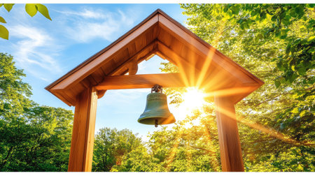View of a small European churchaes bell tower, bathed in warm sunlight, with the blue sky and fluffy clouds as a backdrop. --chaos 70の素材