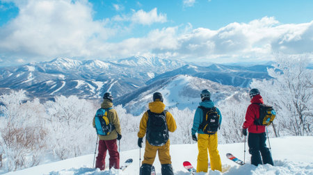 Group of snowboarders admire the majestic view of Daisetsuzan and Tokachidake from the snowy slopes of Furano, a sunny day highlighting the mountains' beauty.の素材