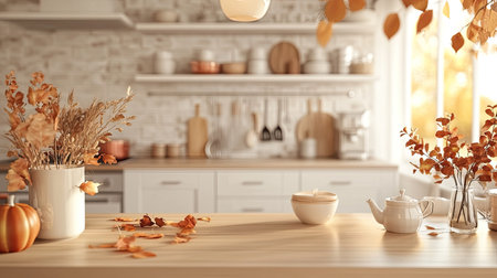A cozy autumn kitchen scene showcasing warm decor elements, featuring natural plants, vibrant leaves, and a delightful arrangement on a wooden table.の素材