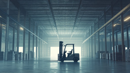 A silhouette of a forklift operated by a worker in an empty warehouse, illuminated by soft morning light, reflecting a scene of industrial activities.の素材