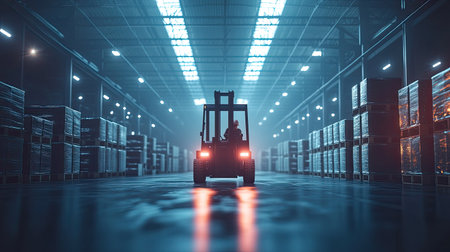A forklift is seen operating in a vast warehouse, surrounded by storage racks filled with goods. The industrial setting emphasizes logistics and efficiency.の素材