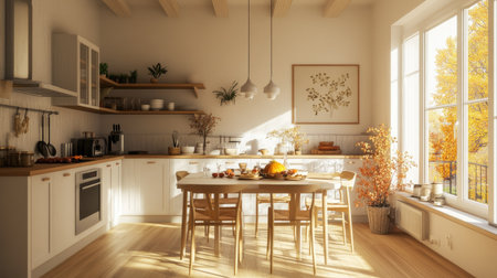 A warm and inviting kitchen bathed in sunlight, featuring a dining table set for a meal. Autumn-themed decor enhances the cozy atmosphere, perfect for family gatherings.の素材