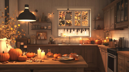 A warm and inviting autumn kitchen featuring pumpkins, candles, and seasonal decor, perfect for holiday gatherings and festive meals. Cozy ambiance awaits!の素材