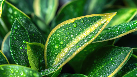 Closeup of vibrant green leaves adorned with water droplets, showcasing the natural beauty and intricate textures of plant life. Bright and fresh appearance.の素材