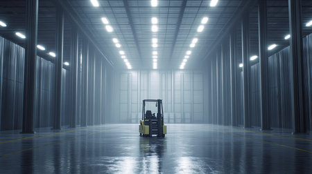A solitary forklift stands in an empty industrial warehouse, illuminated by striking overhead lights. The spacious interior showcases clean lines and modern design elements, creating a dramatic atmosphere.の素材
