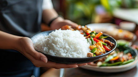 A beautifully presented plate of fluffy white rice alongside vibrant vegetables. Perfect for culinary enthusiasts seeking healthy meal inspiration.の素材