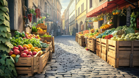 A picturesque marketplace filled with fresh fruits and vegetables, showcasing colorful displays in rustic wooden boxes along a charming cobblestone street.の素材